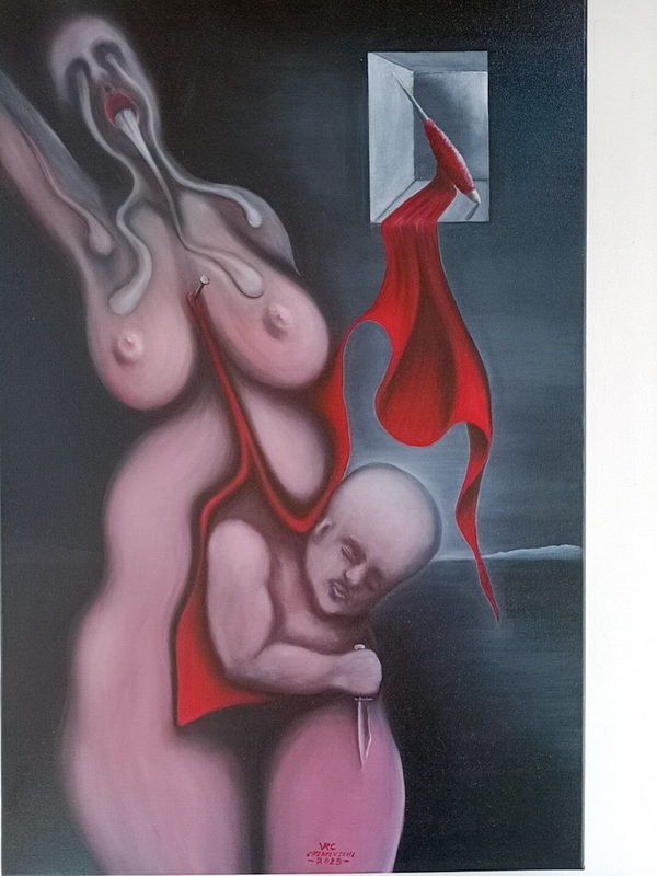 Geopolitical Child: War by Valeriu Cazacevschi. Surreal painting of distorted pink figures, a small child and suspended red fabric against a dark background.