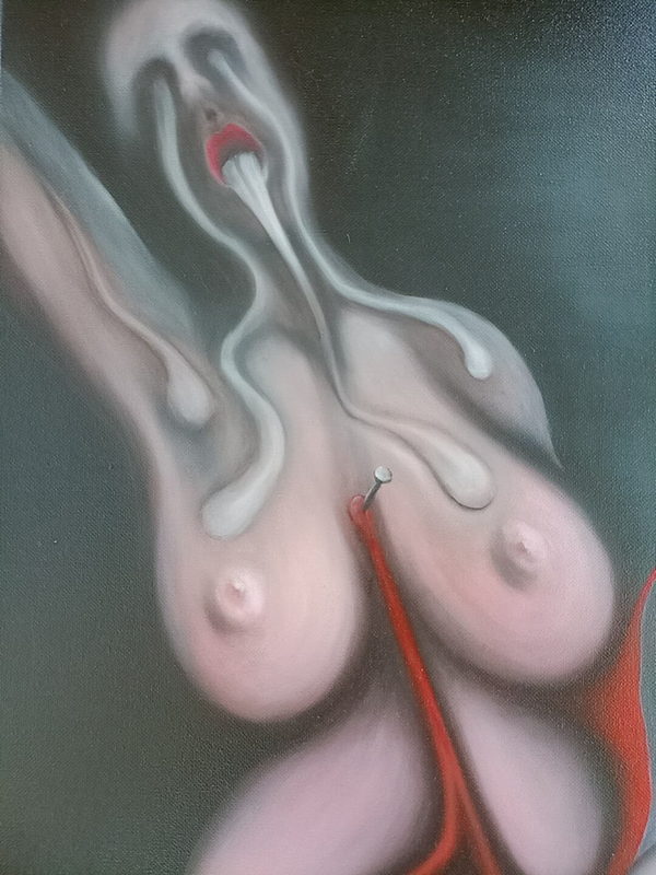 Geopolitical Child: War by Valeriu Cazacevschi. Detail of the elongated upper figure and its open mouth.