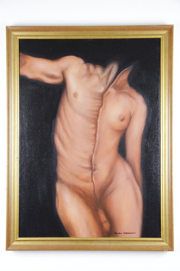 Half Man Half Woman by Valeriu Cazacevschi. The painting shown inside a rectangular gold-colored frame.