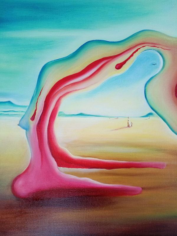 My mother's abortion by Valeriu Cazacevschi. Detail of the long pink form and sweeping landscape at the right of the painting.