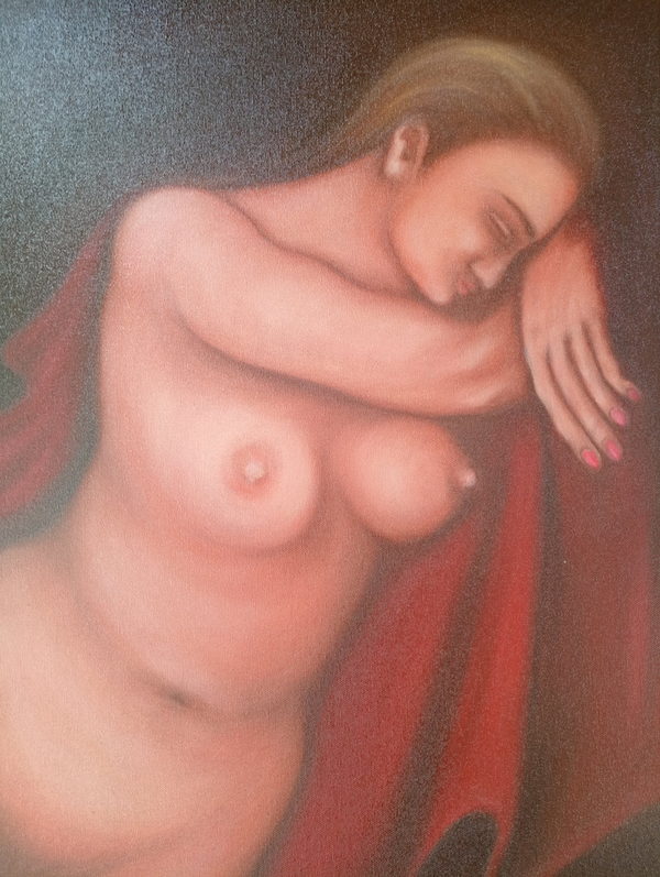Sleeping Woman by Valeriu Cazacevschi. Closer view of the sleeping figure and the curved red drapery.