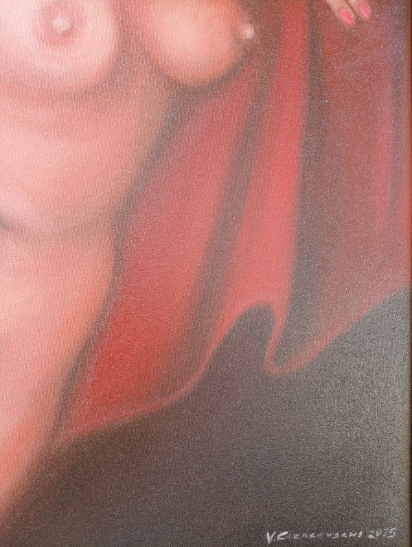 Sleeping Woman by Valeriu Cazacevschi. Detail of the lower torso, red fabric and painted signature.